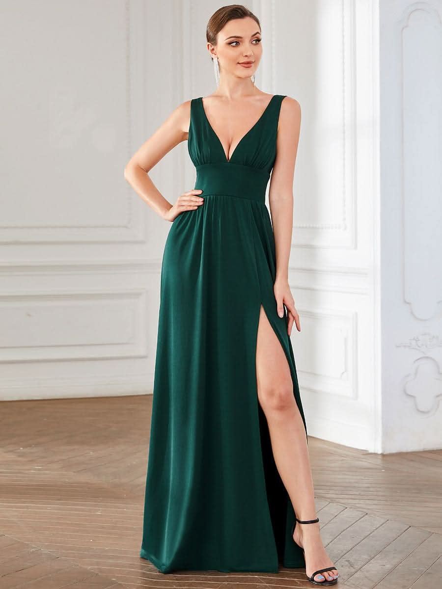 Doppelter V-Ausschnitt A-Linie Lang Ballkleid mit Schlitz Ballkleider