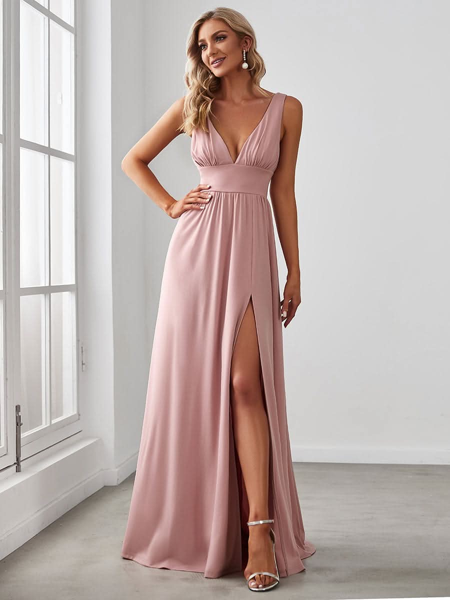 V-Ausschnitt Bodenlaenge Sleeveless Abendkleider #farbe_Dusty Rose
