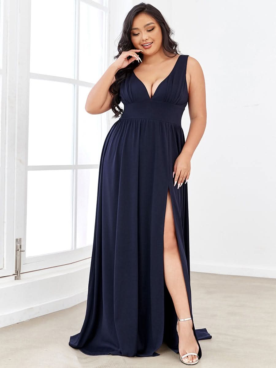 Plus Size Chiffon Spitzenkleider Sleeveless V-Ausschnitt Abendkleider #farbe_Navy Blau
