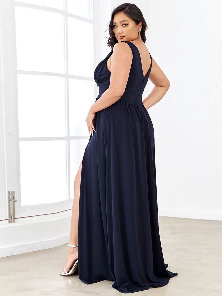 Plus Size Chiffon Spitzenkleider Sleeveless V-Ausschnitt Abendkleider #farbe_Navy Blau
