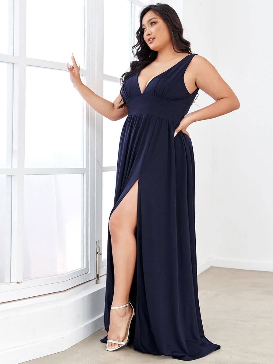 Plus Size Chiffon Spitzenkleider Sleeveless V-Ausschnitt Abendkleider #farbe_Navy Blau