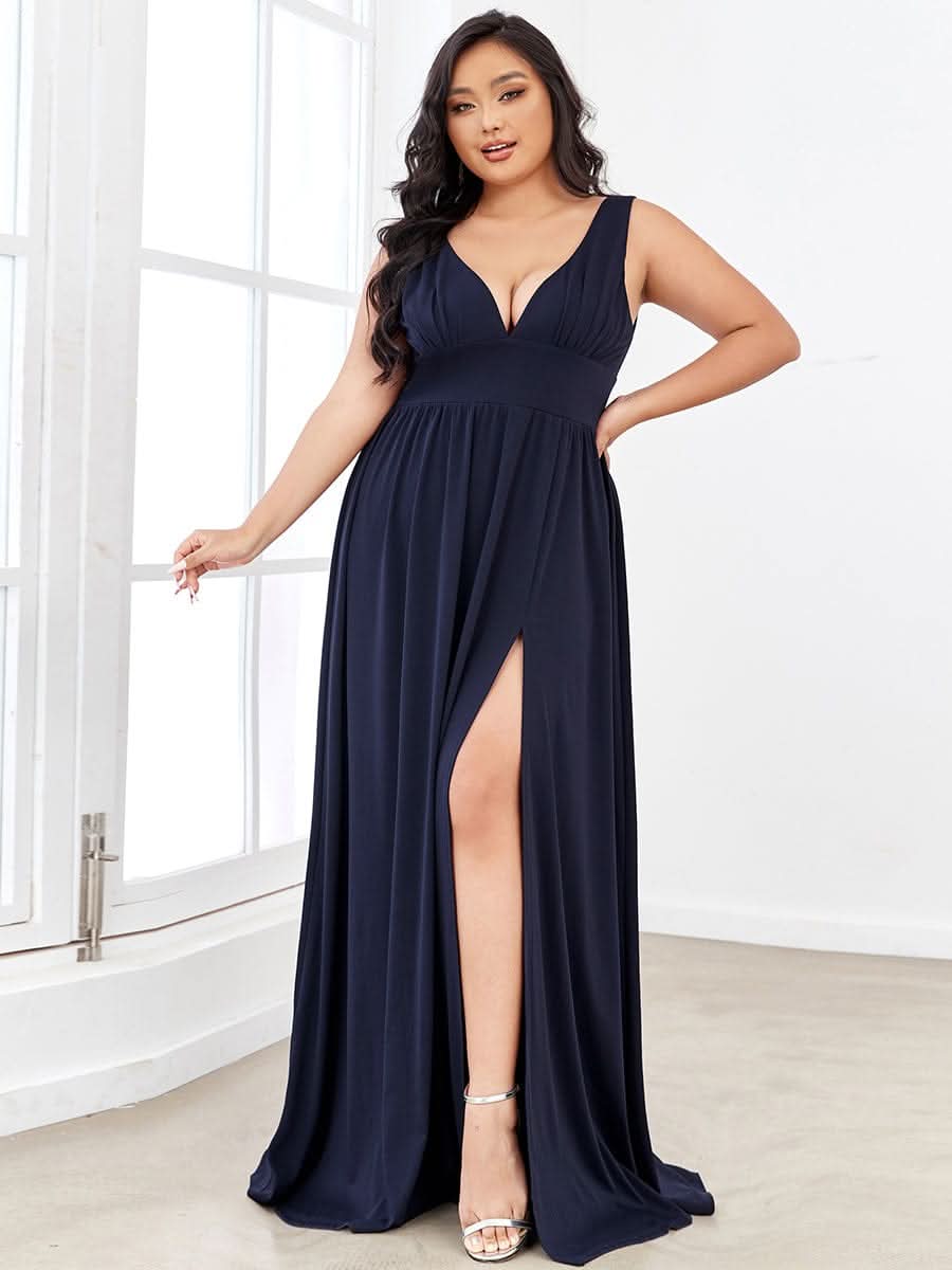 Plus Size Chiffon Spitzenkleider Sleeveless V-Ausschnitt Abendkleider #farbe_Navy Blau