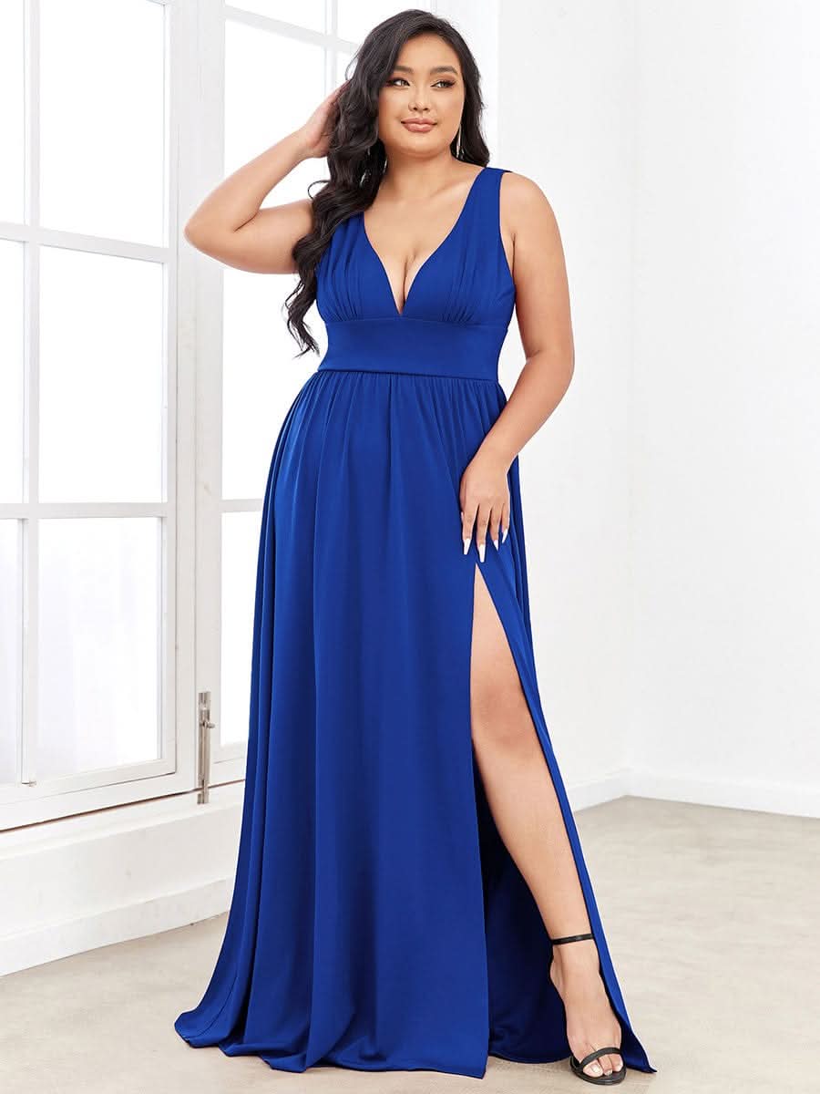 Plus Size Chiffon Spitzenkleider Sleeveless V-Ausschnitt Abendkleider #farbe_Saphirblau