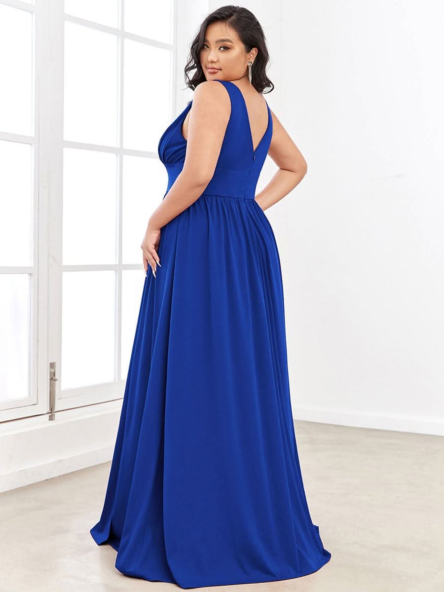 Plus Size Chiffon Spitzenkleider Sleeveless V-Ausschnitt Abendkleider #farbe_Saphirblau