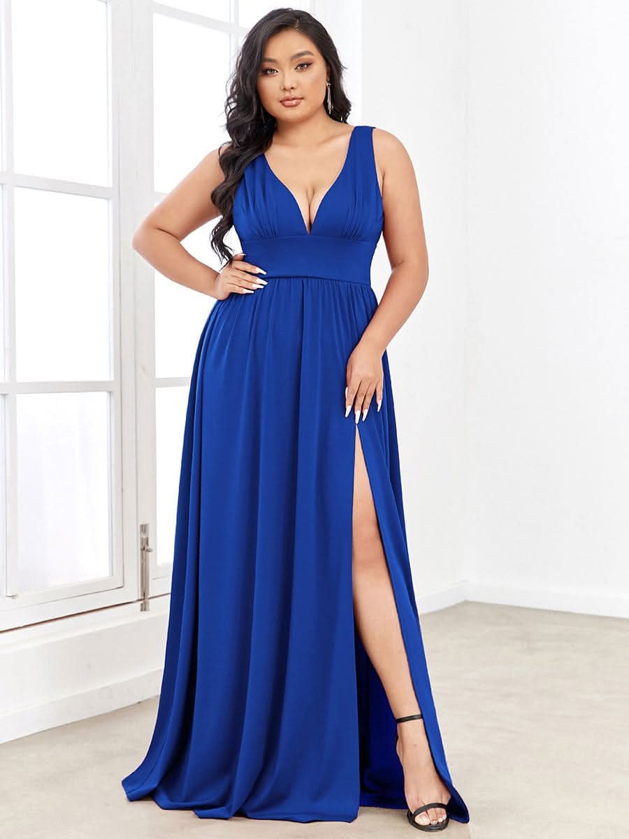 Plus Size Chiffon Spitzenkleider Sleeveless V-Ausschnitt Abendkleider #farbe_Saphirblau
