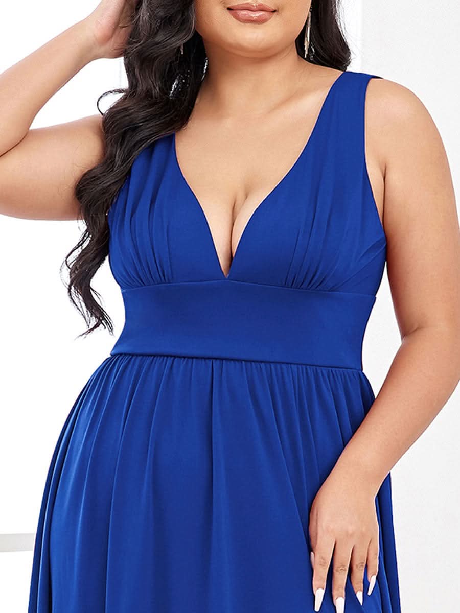 Plus Size Chiffon Spitzenkleider Sleeveless V-Ausschnitt Abendkleider #farbe_Saphirblau