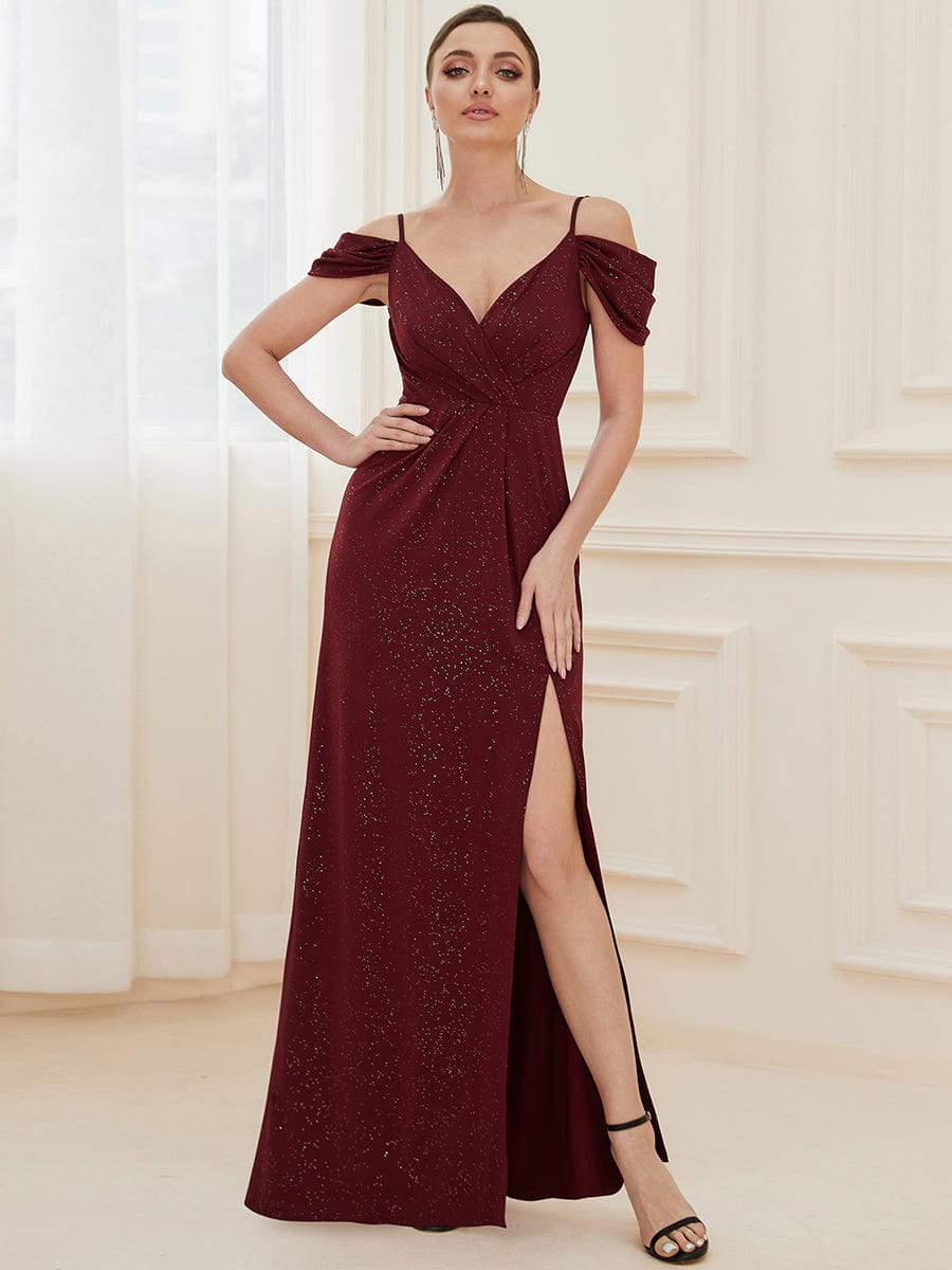 Größe Nach Maß V Neck Pailletten Kalte Schulter Split Plus Size Abendkleid 50088 #farbe_Burgundy