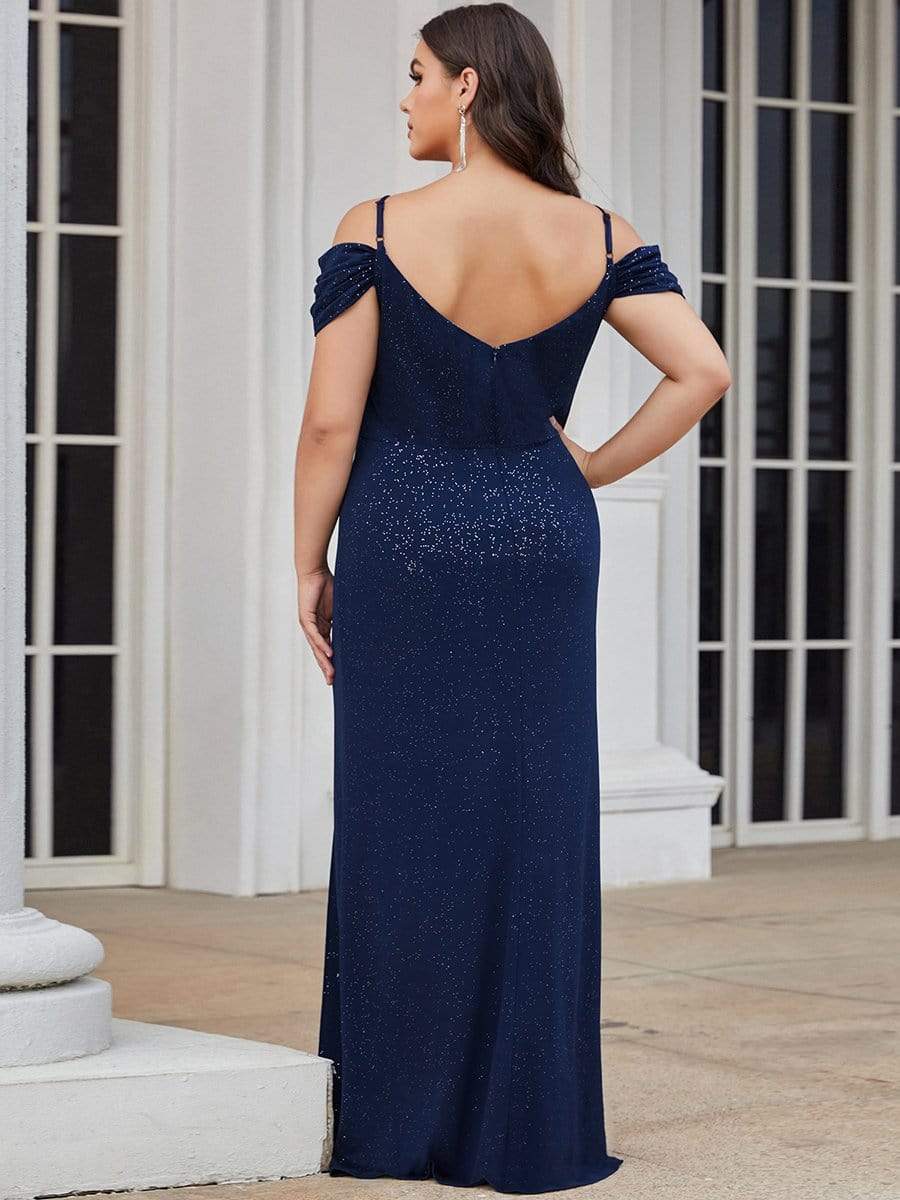 Größe Nach Maß V Neck Pailletten Kalte Schulter Split Plus Size Abendkleid 50088 #farbe_Navy Blau