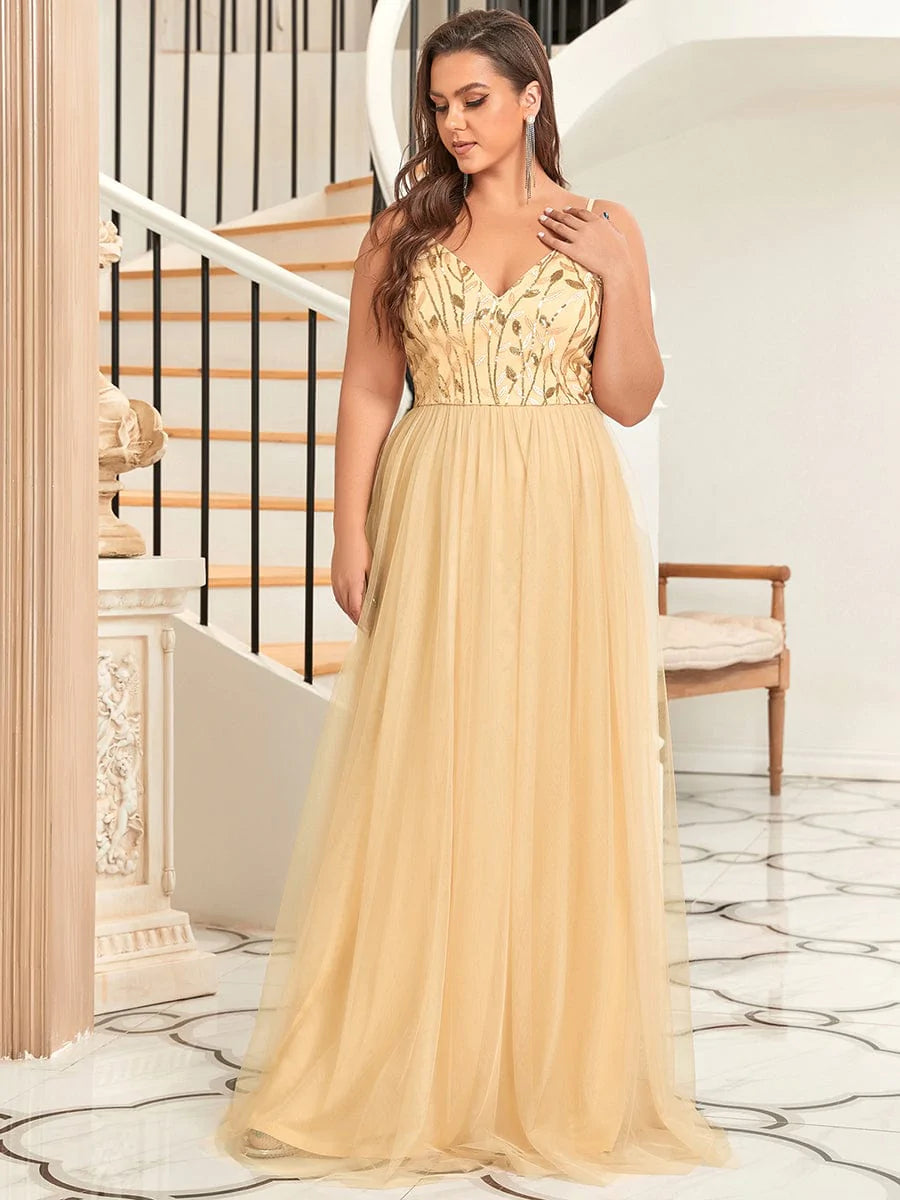 Plus Size V Hals Floral Pailletten Träger Maxi Abendkleid #Farbe_Gold
