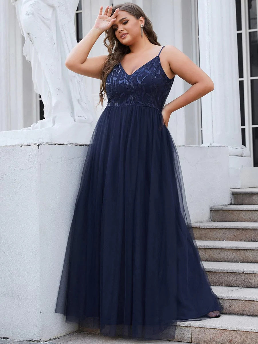 Plus Size V Hals Floral Pailletten Träger Maxi Abendkleid #Farbe_Navy Blau