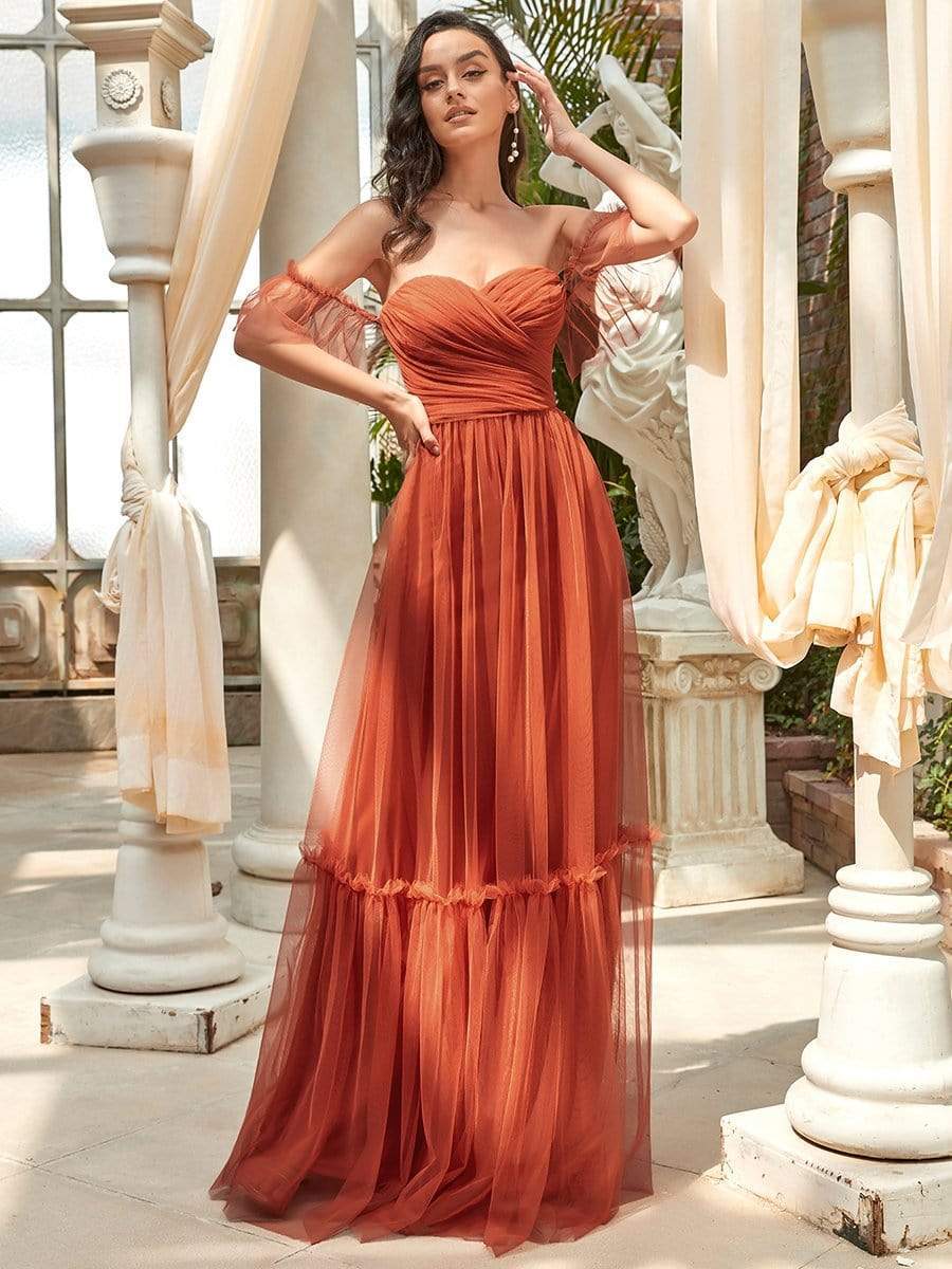 Schulterfreies plissiertes Tüll-Abendkleid mit Herzausschnitt #Farbe_Gebrannte Orange