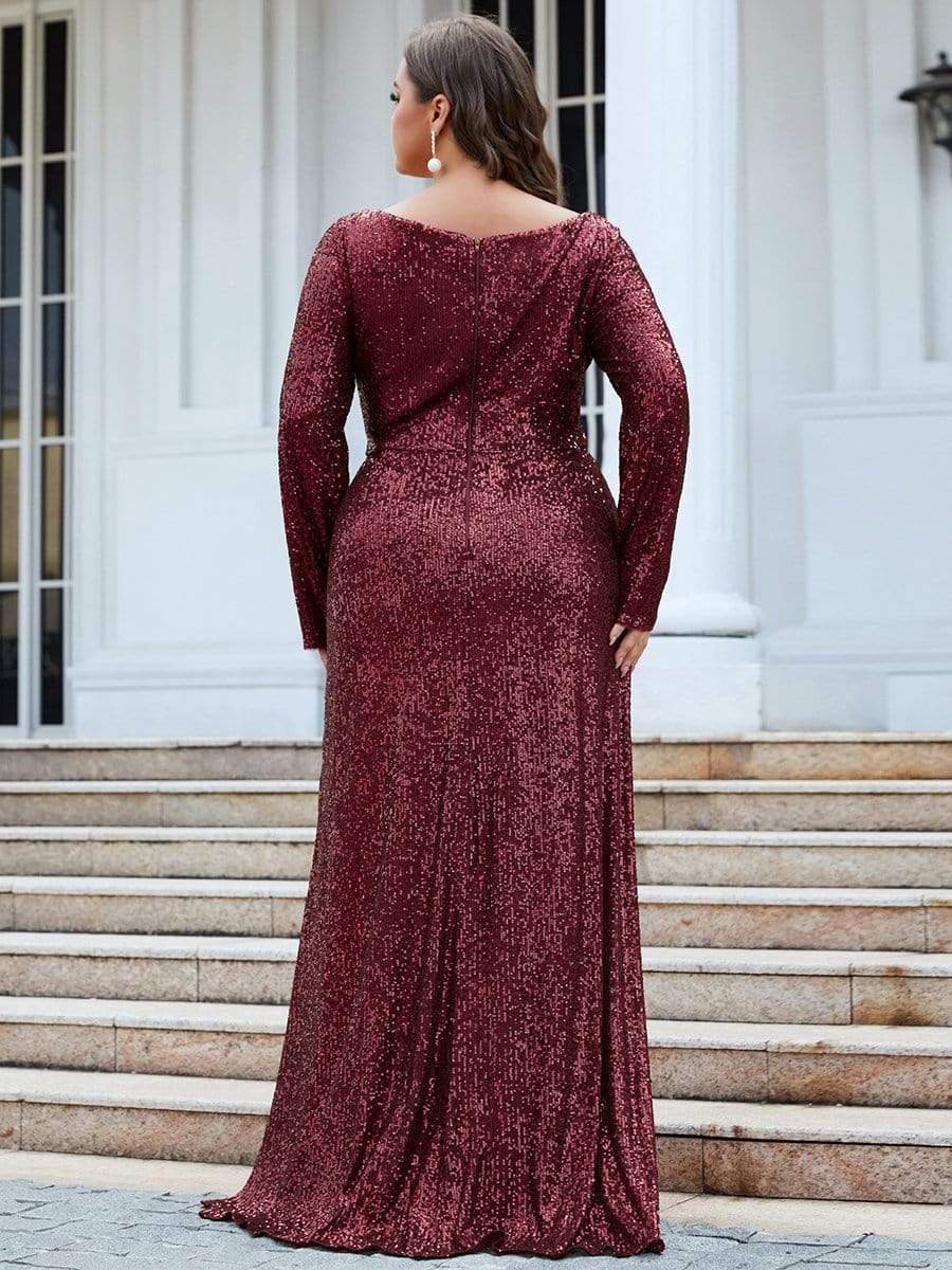 Größe Nach Maß Pailletten V-Ausschnitt langärmliges Abendkleid #farbe_Burgundy