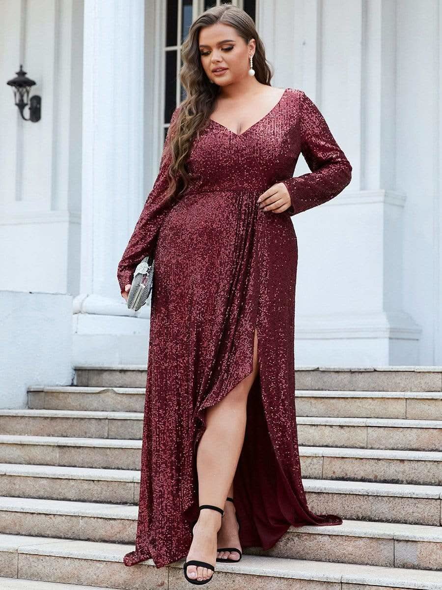 Größe Nach Maß Pailletten V-Ausschnitt langärmliges Abendkleid #farbe_Burgundy