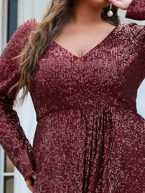 Größe Nach Maß Pailletten V-Ausschnitt langärmliges Abendkleid 50146