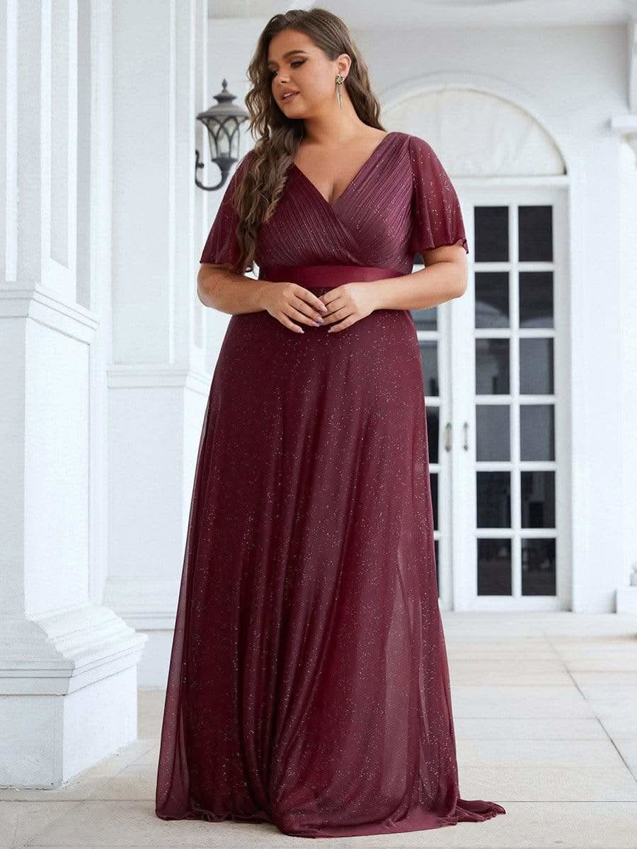 Color=Burgundy | Langes schimmerndes, flatterndes plissiertes Abendkleid mit V-Ausschnitt-Burgundy 8