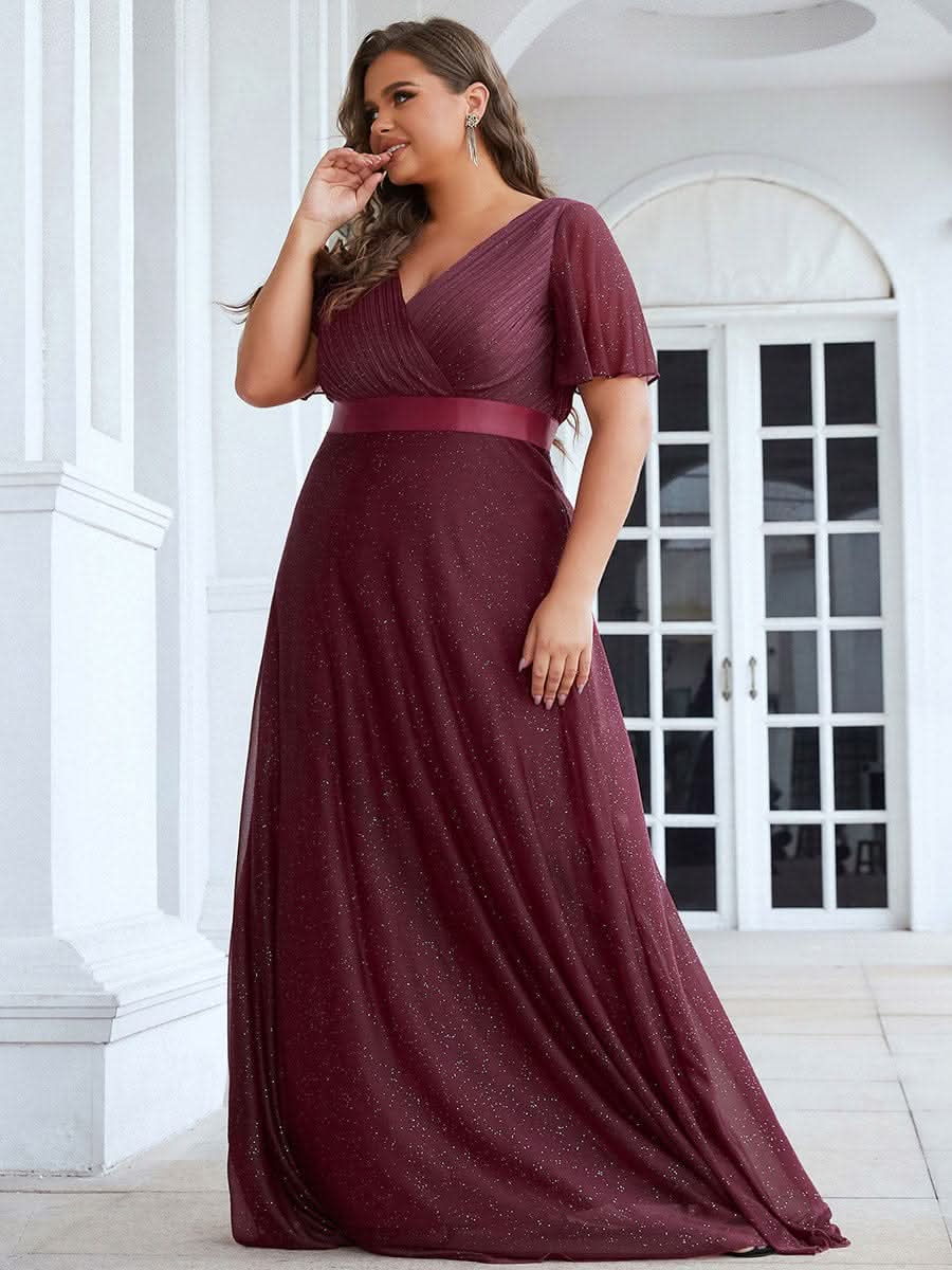 Color=Burgundy | Langes schimmerndes, flatterndes plissiertes Abendkleid mit V-Ausschnitt-Burgundy 9