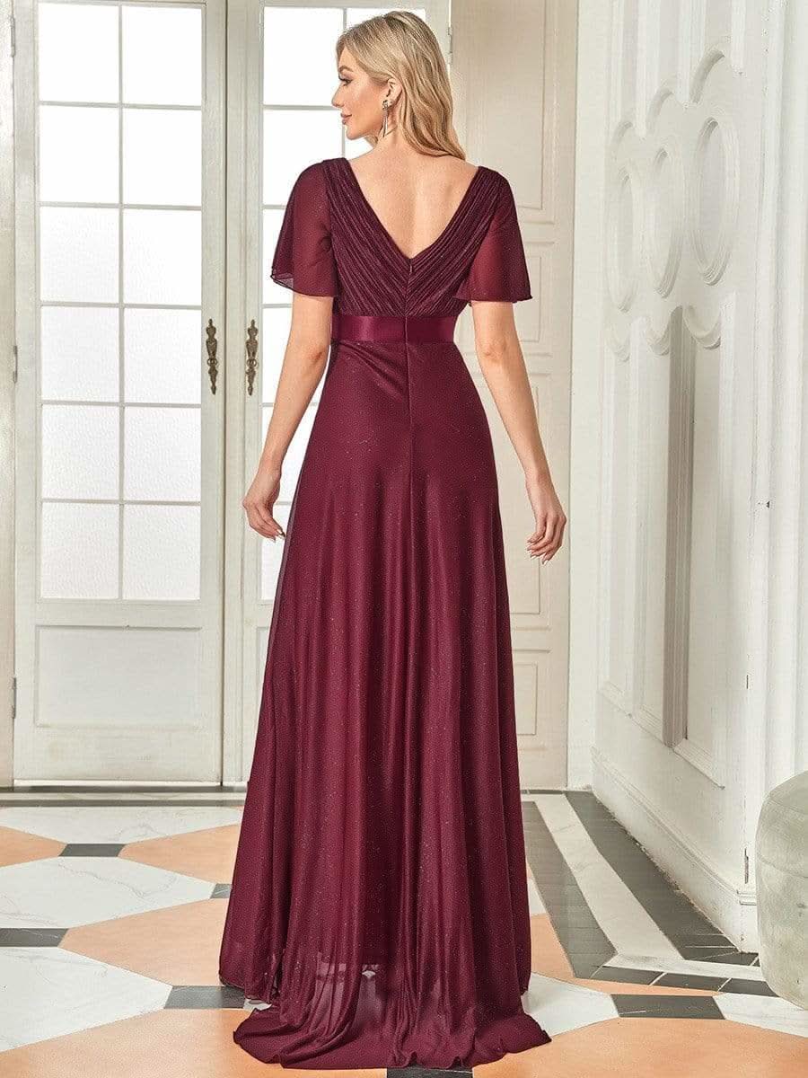 Color=Burgundy | Langes schimmerndes, flatterndes plissiertes Abendkleid mit V-Ausschnitt-Burgundy 2