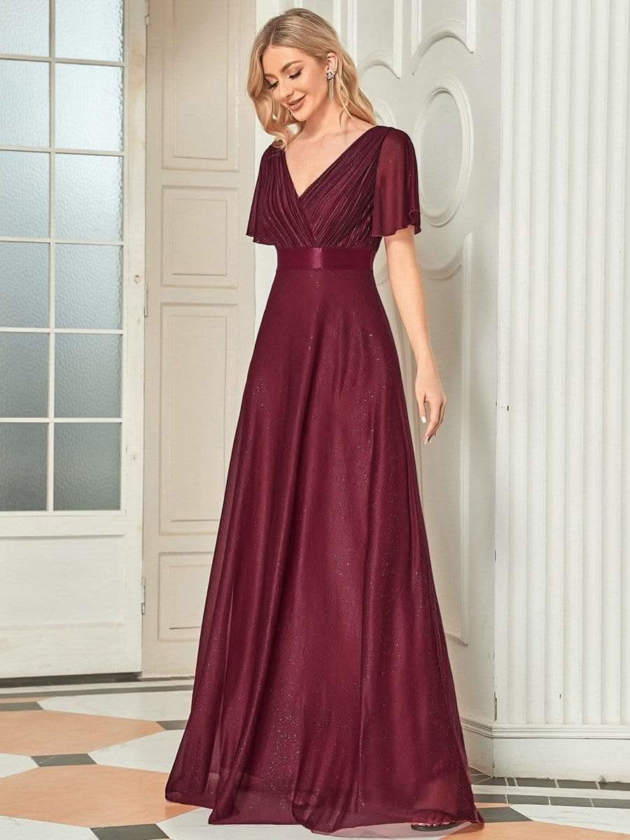 Color=Burgundy | Langes schimmerndes, flatterndes plissiertes Abendkleid mit V-Ausschnitt-Burgundy 3