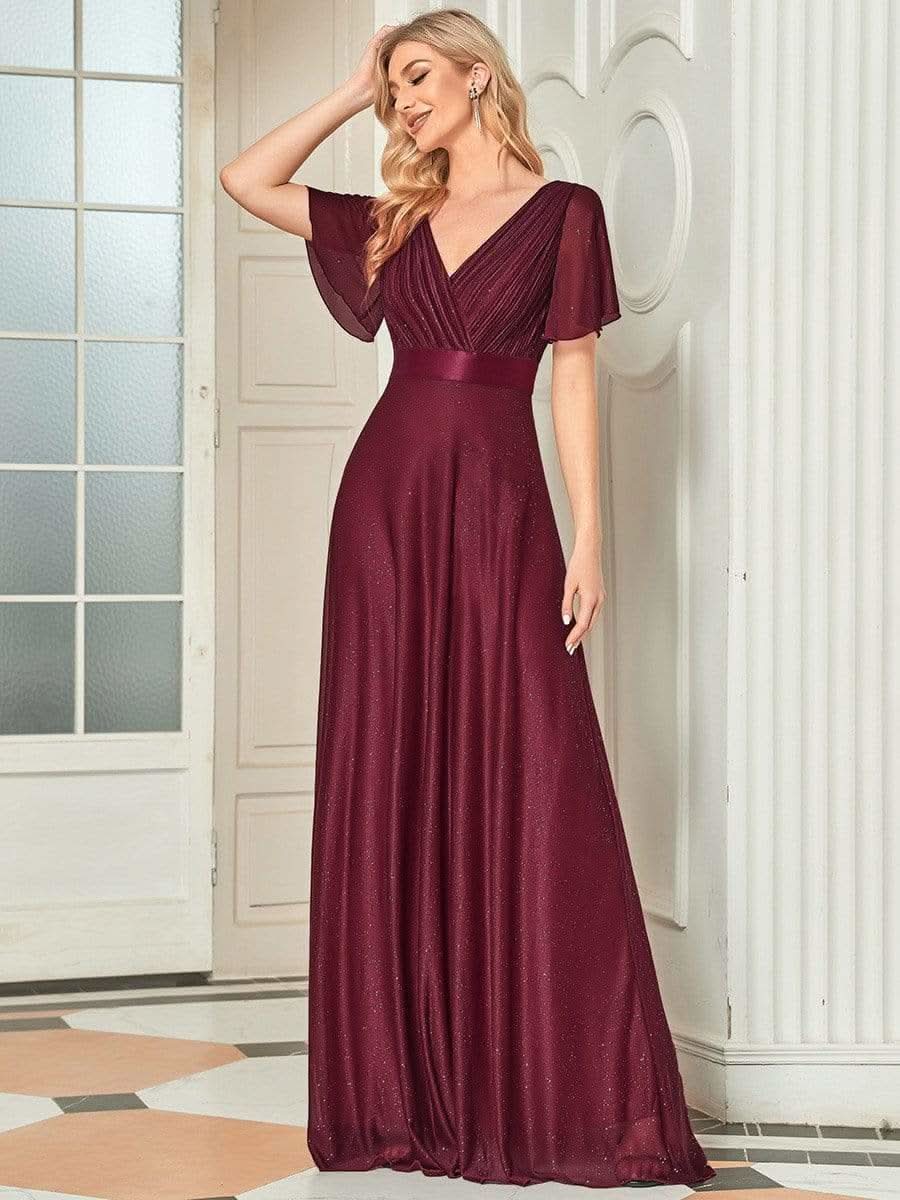 Color=Burgundy | Langes schimmerndes, flatterndes plissiertes Abendkleid mit V-Ausschnitt-Burgundy 4