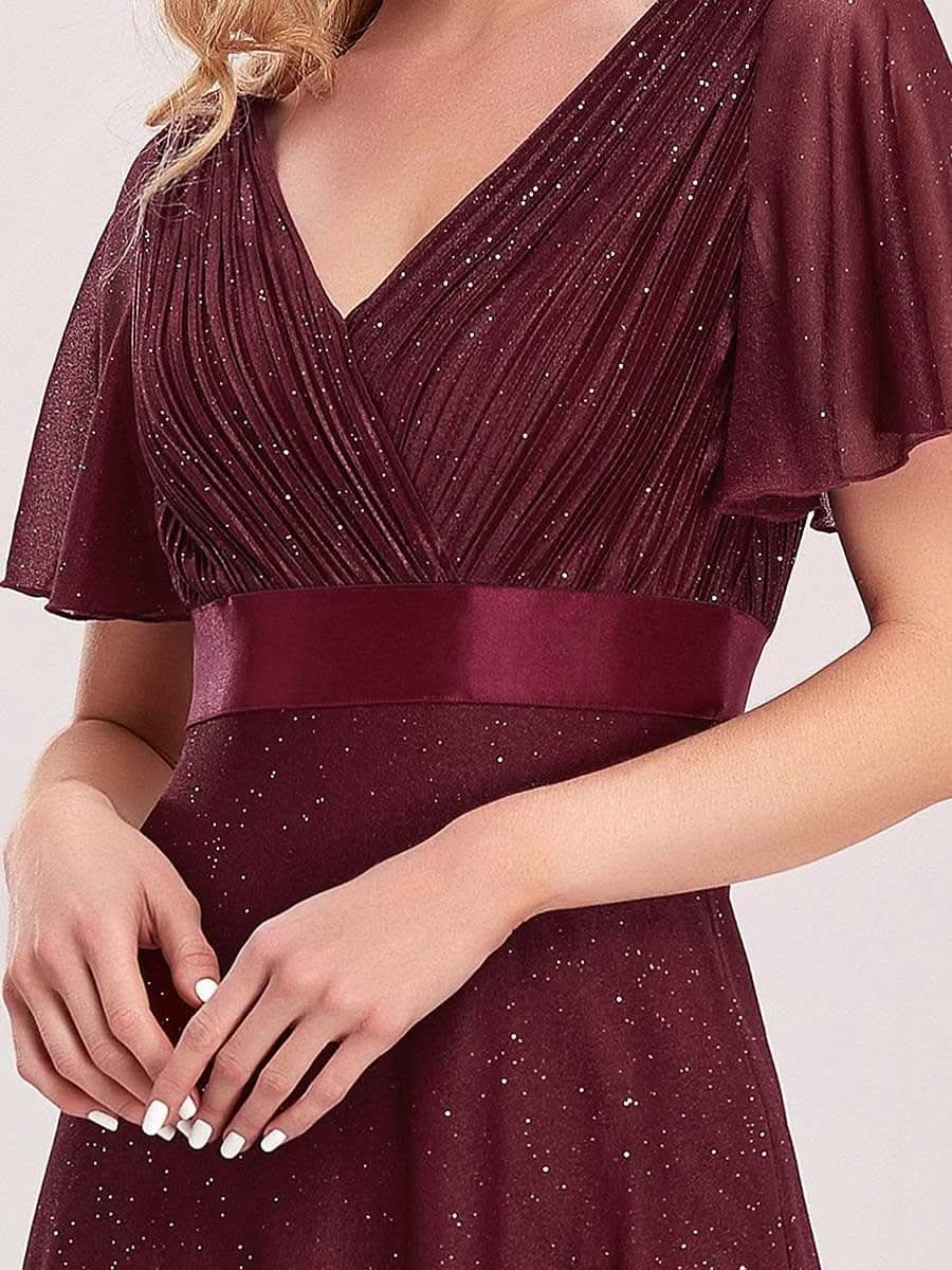 Color=Burgundy | Langes schimmerndes, flatterndes plissiertes Abendkleid mit V-Ausschnitt-Burgundy 5