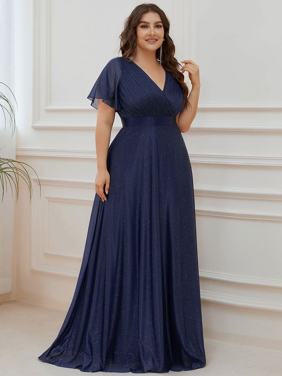 Color=Navy Blau | Langes schimmerndes, flatterndes plissiertes Abendkleid mit V-Ausschnitt-Navy Blau 6