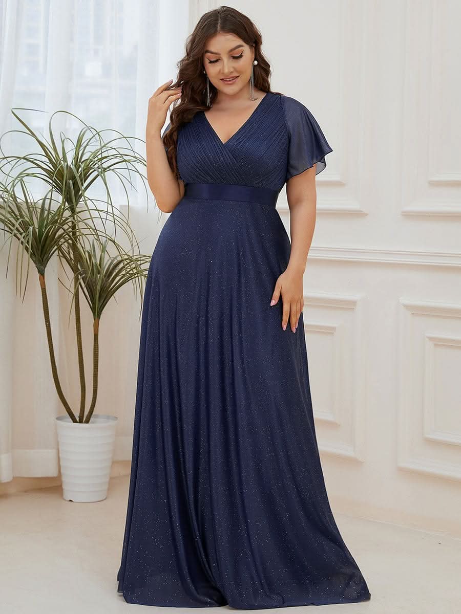 Color=Navy Blau | Langes schimmerndes, flatterndes plissiertes Abendkleid mit V-Ausschnitt-Navy Blau 9
