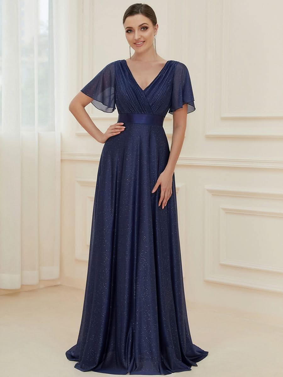 Color=Navy Blau | Langes schimmerndes, flatterndes plissiertes Abendkleid mit V-Ausschnitt-Navy Blau 1