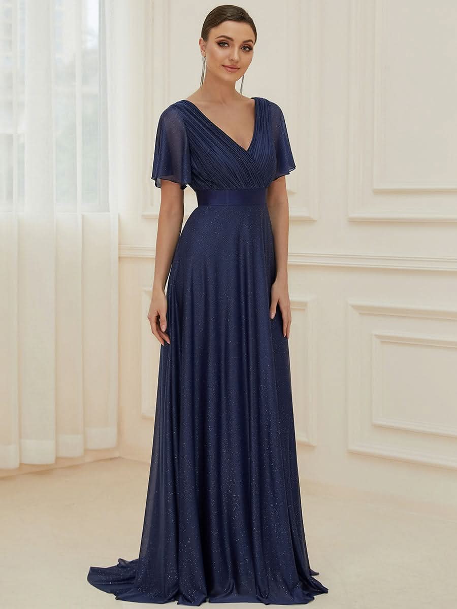 Color=Navy Blau | Langes schimmerndes, flatterndes plissiertes Abendkleid mit V-Ausschnitt-Navy Blau 4