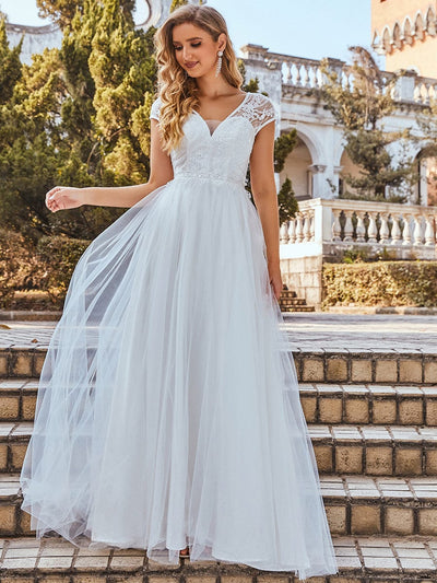 Größe Nach Maß Elegant Brautkleid mit V-Ausschnitt und Ärmeln 00235