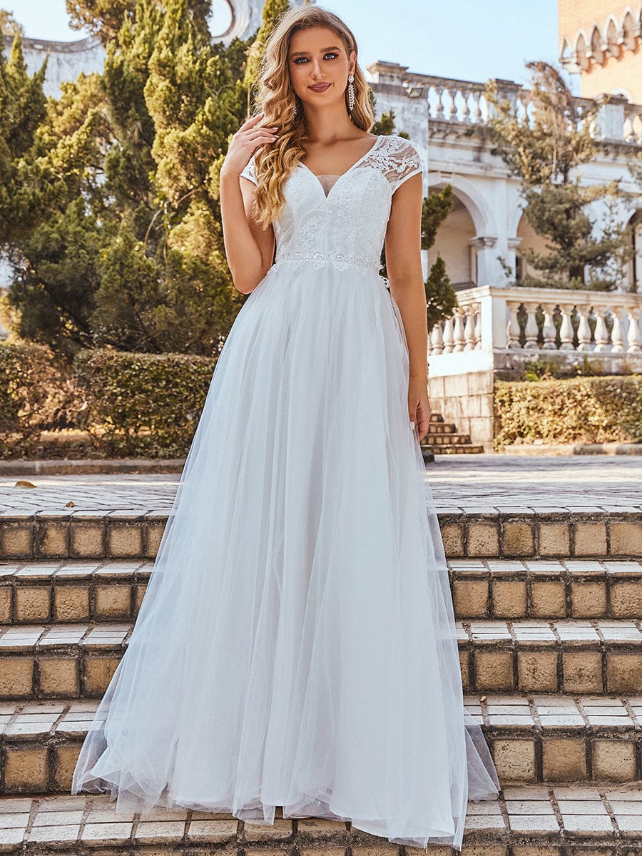 Color=Cream |Elegant Brautkleid mit V-Ausschnitt und Ärmeln 00235-Cream 5