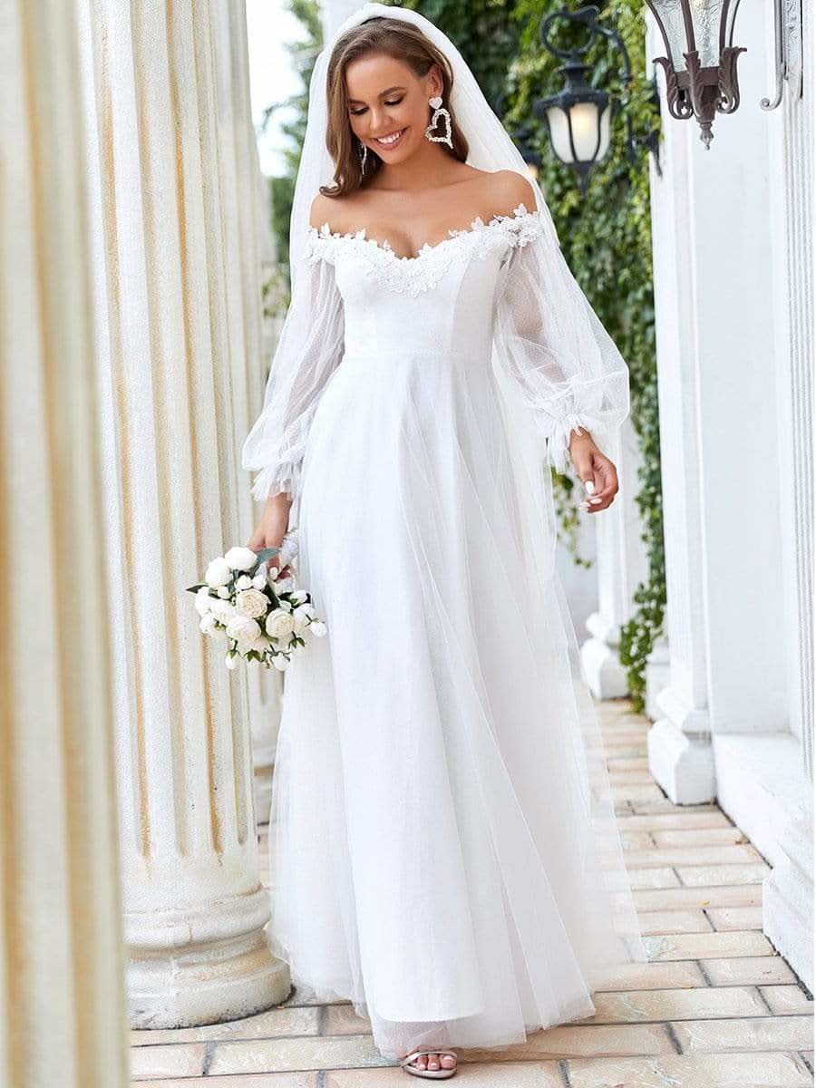 Größe Nach Maß V-Ausschnitt Schulterfreies Brautkleid mit Applikationen #Farbe_Cream