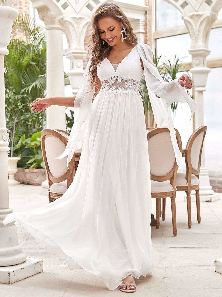 Color=Cream | Langes Brautkleid mit tiefem V-Ausschnitt und Applikationen-Cream 5