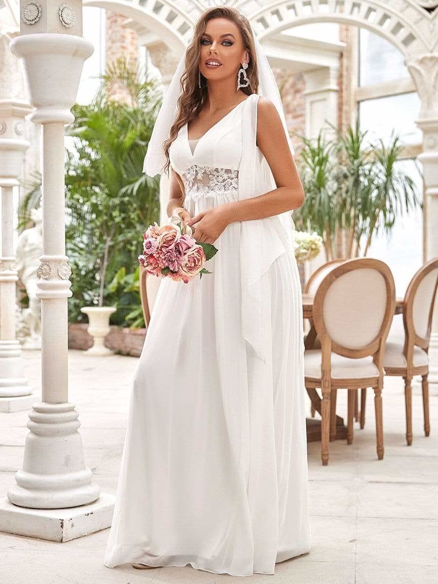 Color=Cream | Langes Brautkleid mit tiefem V-Ausschnitt und Applikationen-Cream 3