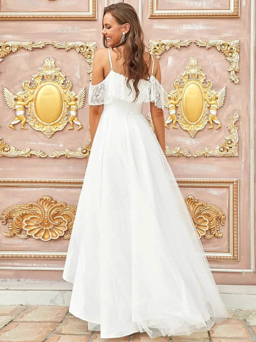 Größe Nach Maß Spaghettitr?ger Cold Shoulder High Low Lace Hochzeitskleider 90340Cream #farbe_Cream