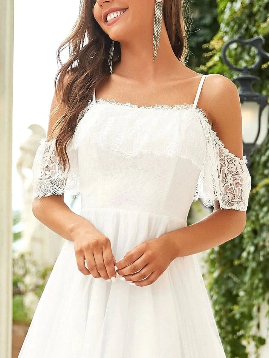 Größe Nach Maß Spaghettitr?ger Cold Shoulder High Low Lace Hochzeitskleider 90340Cream #farbe_Cream