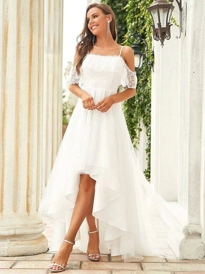 Größe Nach Maß Spaghettiträger Cold Shoulder High Low Lace Hochzeitskleider 90340