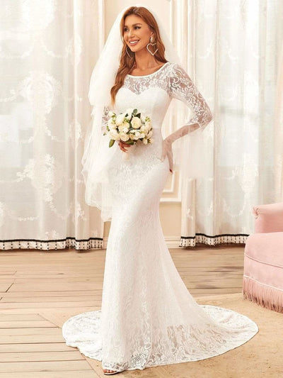 Größe Nach Maß Romantisches Meerjungfrau-Spitzen-Brautkleid mit V-Rücken 90354