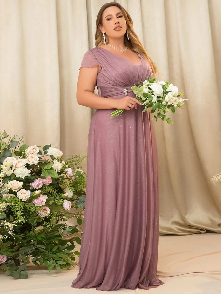 Color=Orchid | Plus Size Glitzernd Plissee A-Linie Langes Kleid für  Brautmutter- Orchid  4
