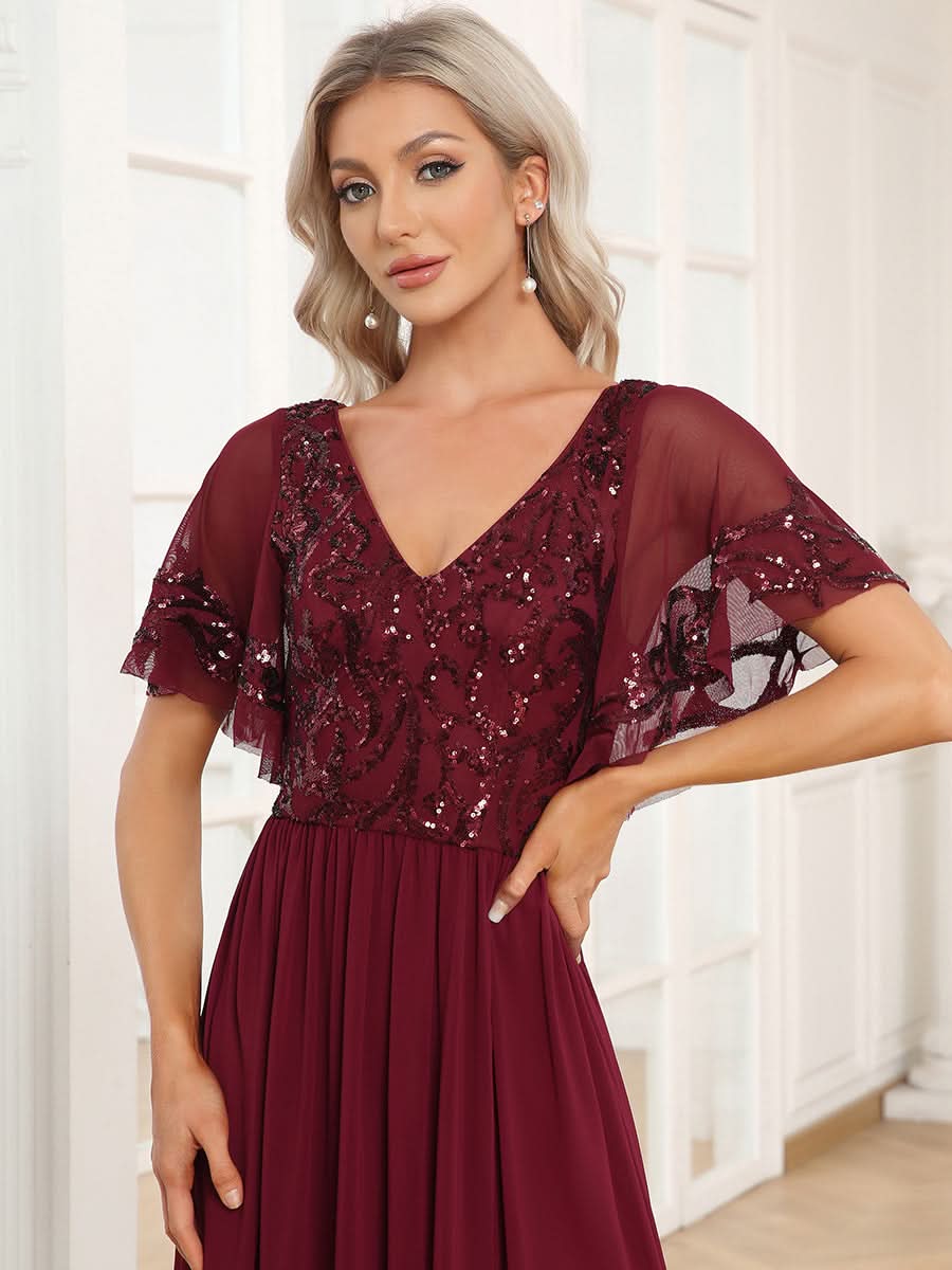 Größe Nach Maß V-Ausschnitt Kurzarm Pailletten Mieder Kleid für die Brautmutter #farbe_Gold