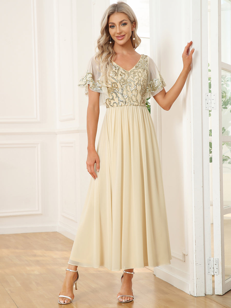 Größe Nach Maß V-Ausschnitt Kurzarm Pailletten Mieder Kleid für die Brautmutter #farbe_Gold