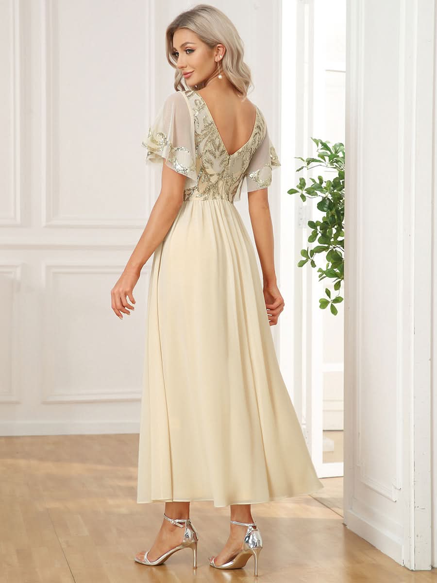Größe Nach Maß V-Ausschnitt Kurzarm Pailletten Mieder Kleid für die Brautmutter #farbe_Gold
