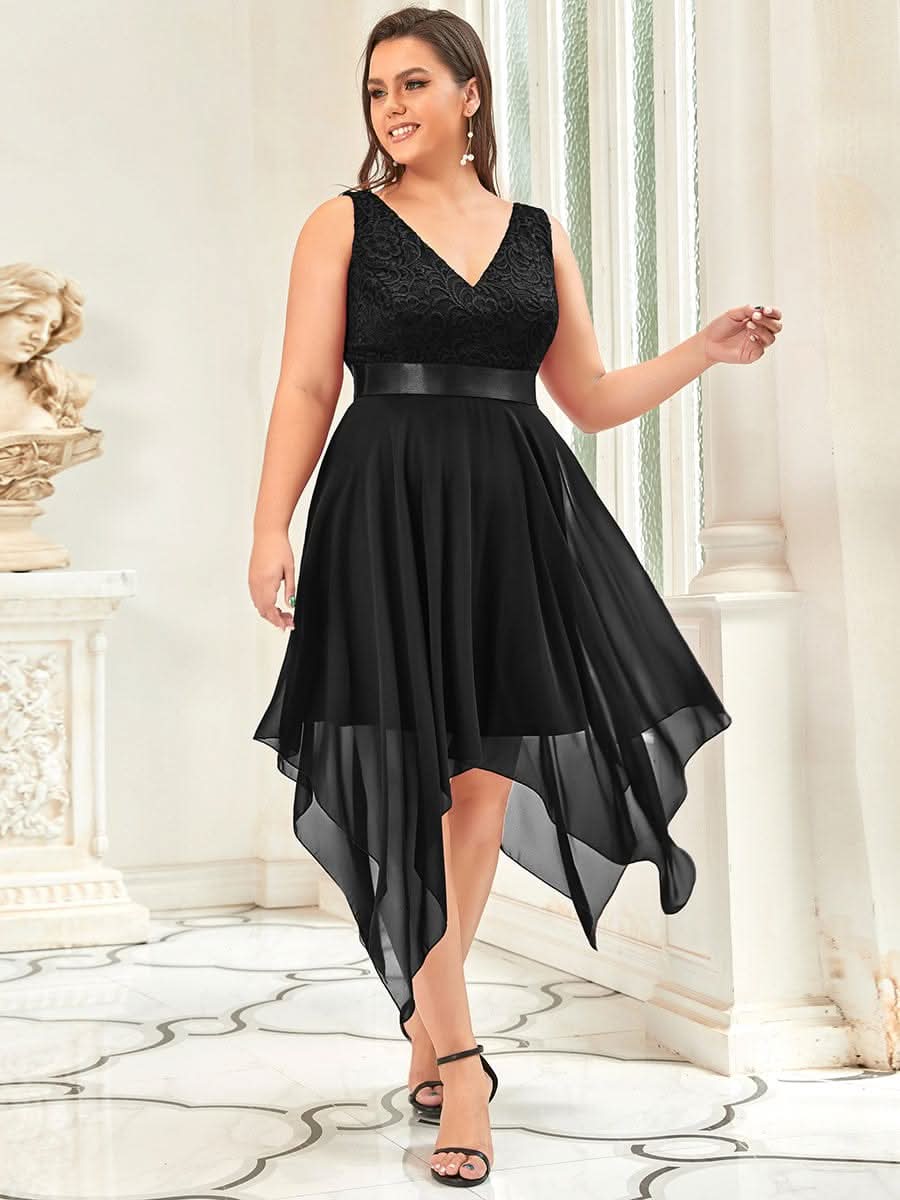Spitze Asymmetrischer Saum Cocktailkleider Große Größen #farbe_Schwarz