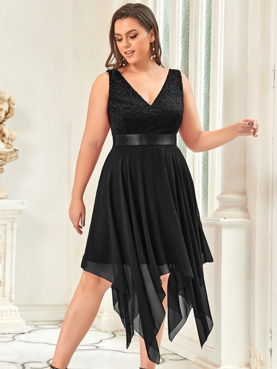 Spitze Asymmetrischer Saum Cocktailkleider Große Größen #farbe_Schwarz