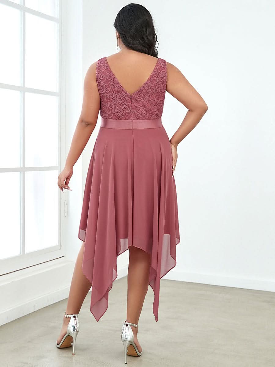 Spitze Asymmetrischer Saum Cocktailkleider Große Größen #farbe_Korallen Rosa