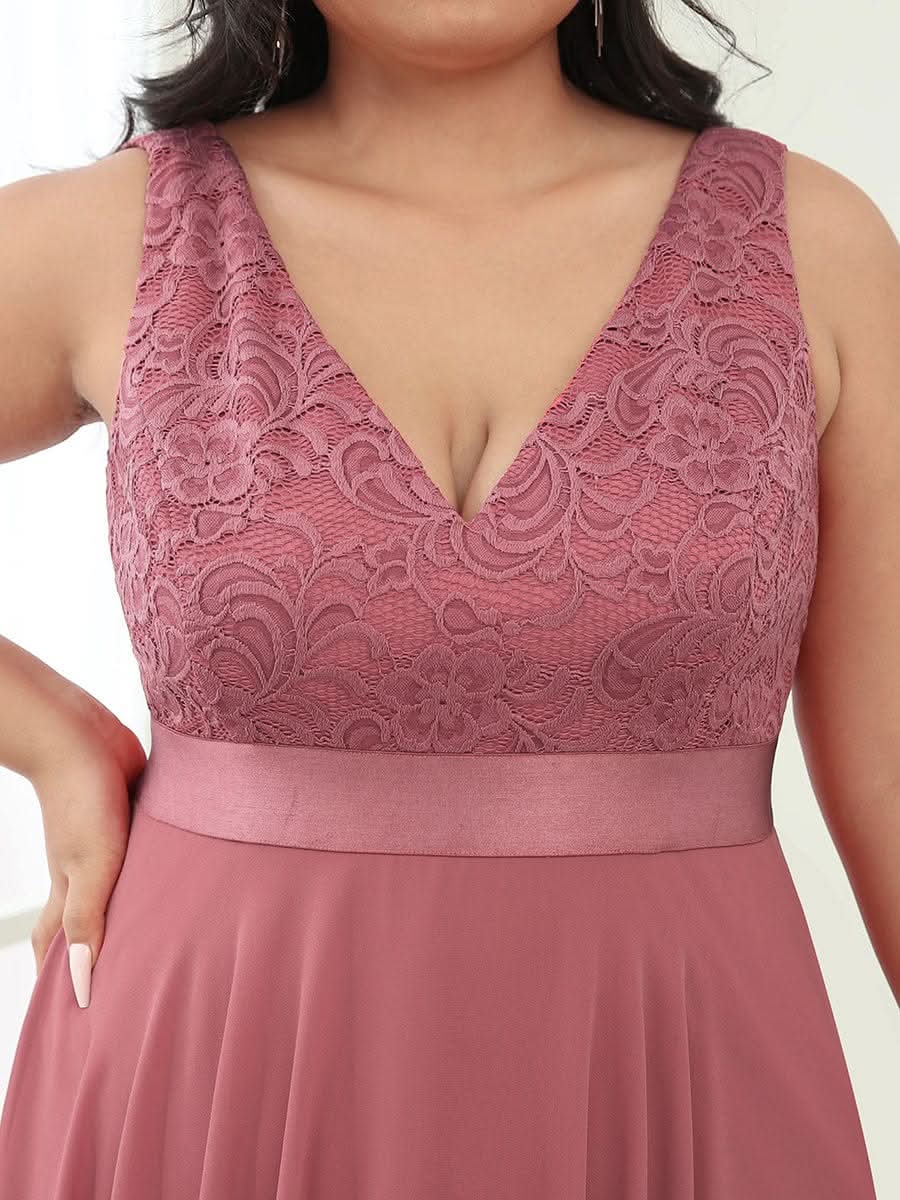 V-Ausschnitt Asymmetrischer Saum Brautjungfernkleider Große Größen #farbe_Korallen Rosa