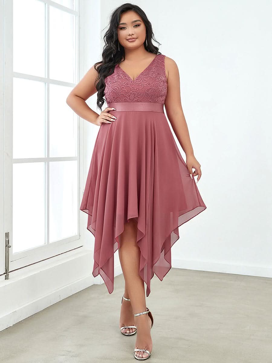 Spitze Asymmetrischer Saum Cocktailkleider Große Größen #farbe_Korallen Rosa