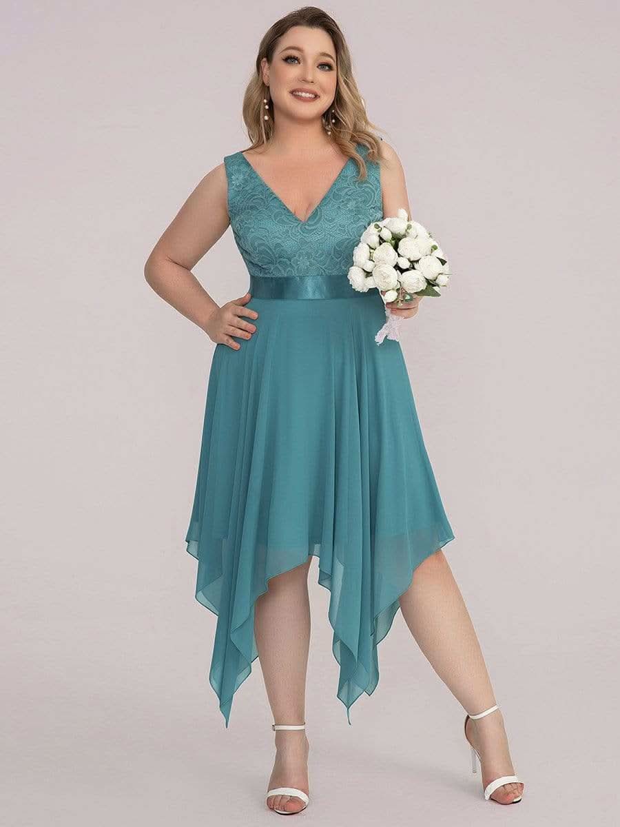 Spitze Asymmetrischer Saum Cocktailkleider Große Größen #farbe_Dusty Blau