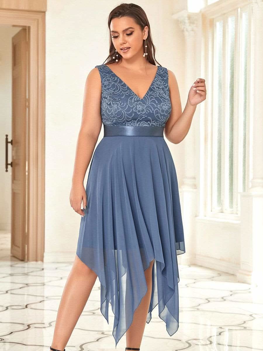 V-Ausschnitt Asymmetrischer Saum Brautjungfernkleider Große Größen #farbe_Dusty Navy