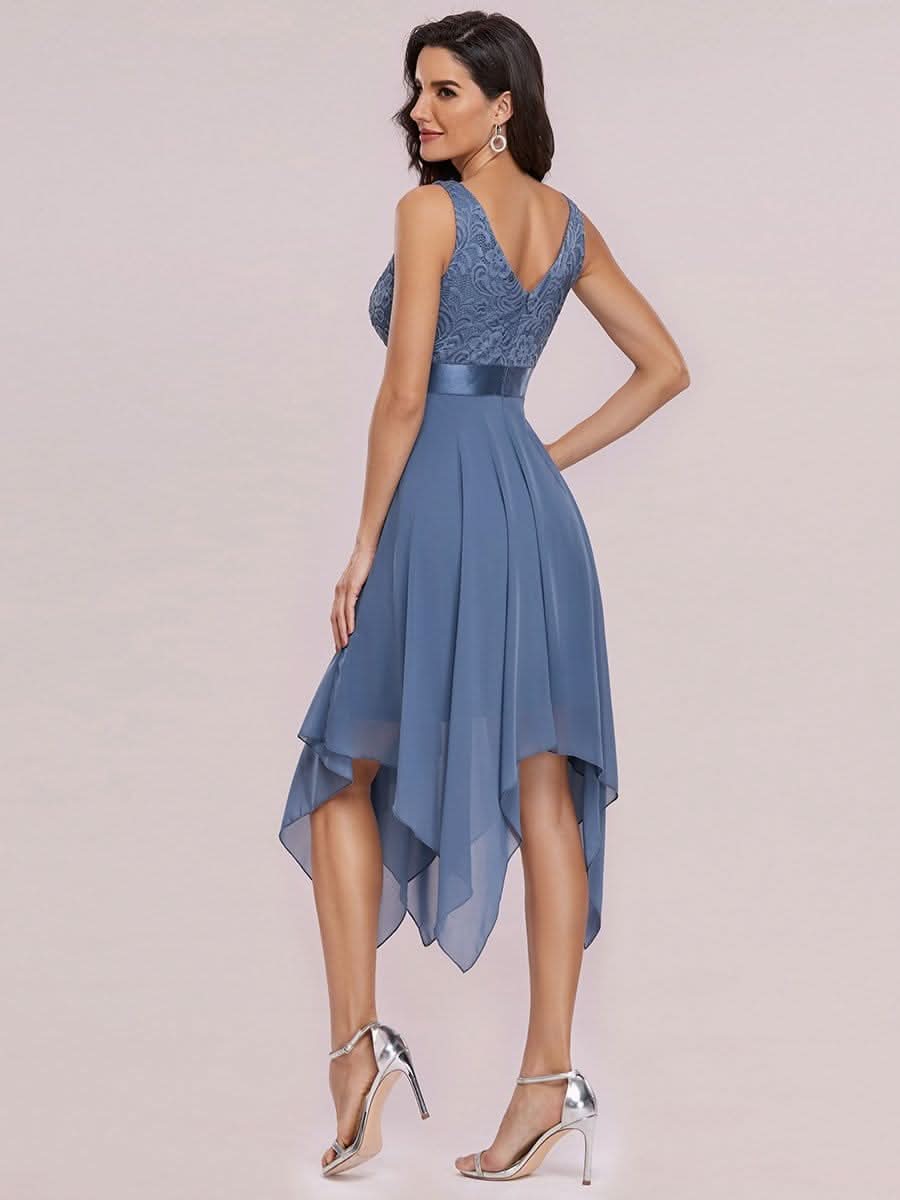 V-Ausschnitt Spitze Knielang Hochzeitsgast Kleider #farbe_Dusty Navy