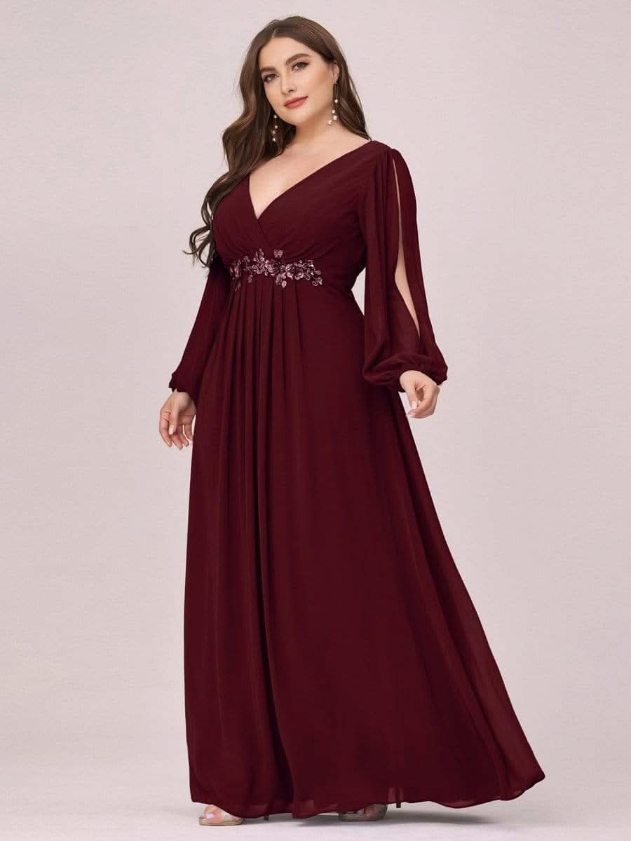 Elegantes tiefes V-Laterne langes SchlitzÄrmel-Applikations-Maxi-Abendkleid #Farbe_Burgundy